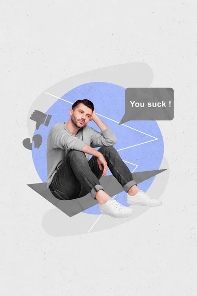 Collage Young Man Loser Frustrated Sitting Bad Feedback Psychological Pressure — Stock Photo, Image