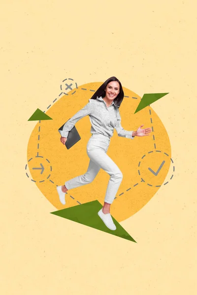 Composite Design Collage Young Marketer Woman Run Laptop Achievement Successful — Stock Photo, Image