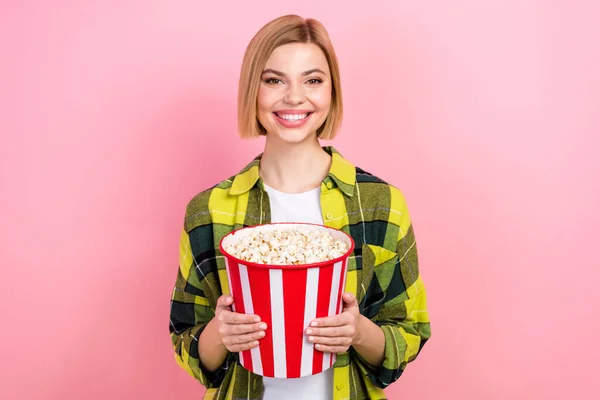 Photo Sweet Shiny Woman Dressed Checkered Shirt Watching Movie Enjoying — Stock Photo, Image