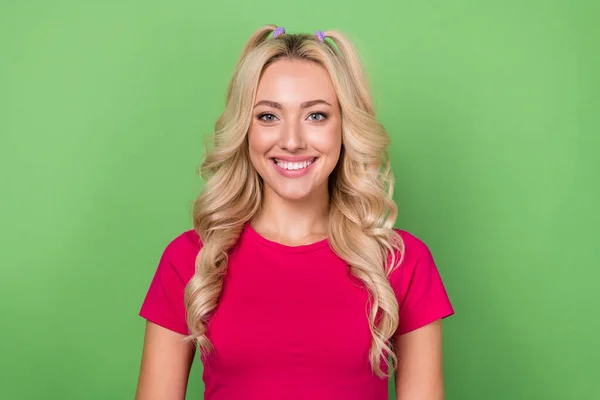 Closeup Portrait Cheerful Smiling Blonde Curly Hairstyle Young Lady Wear — Stock Photo, Image