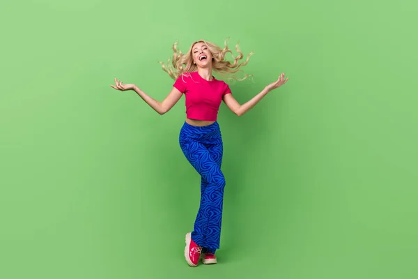 Full Body Portrait Carefree Overjoyed Lady Hands Throw Hair Dancing — Stock Photo, Image