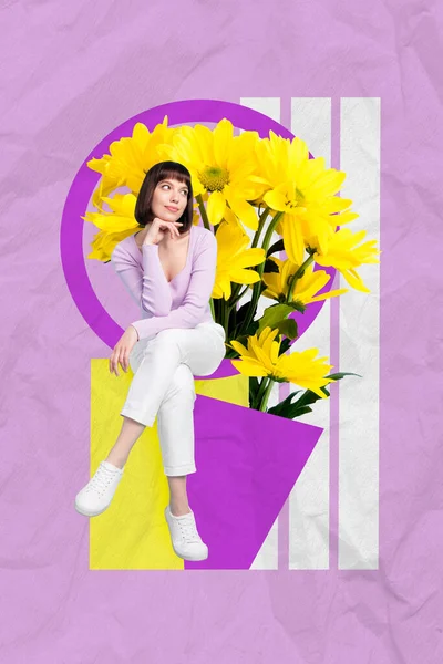 創造的な3D写真アートワークグラフィックコラージュ新鮮な花を賞賛する思慮深い女性の絵孤立した図面の背景 — ストック写真