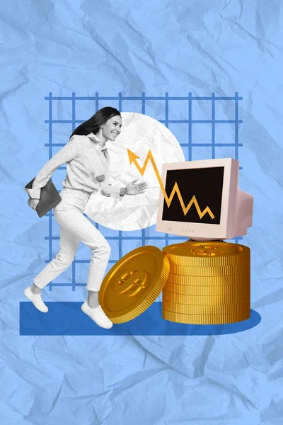 Bild Design Collage Von Jungen Unternehmermädchen Laufen Motiviert Hohe Einkommensrisiken — Stockfoto