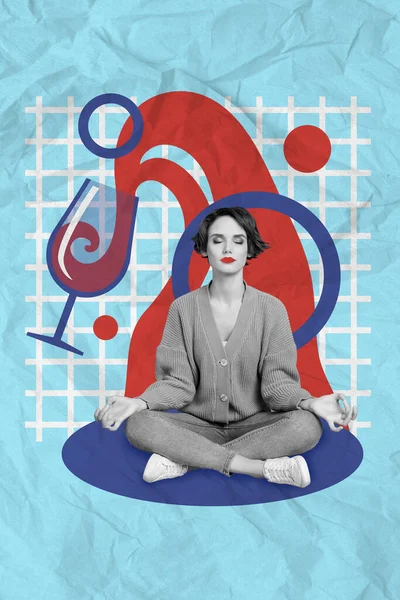 Poster Banner Image Collage Calm Young Lady Have Meditating Exercise — Stock Photo, Image