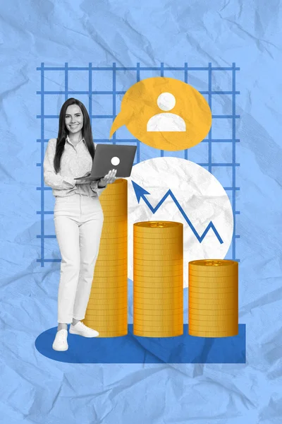 Collage Advertentie Nieuwe Markt Statistieken Groeiende Budget Effectenmakelaar Vrouw Pijl — Stockfoto