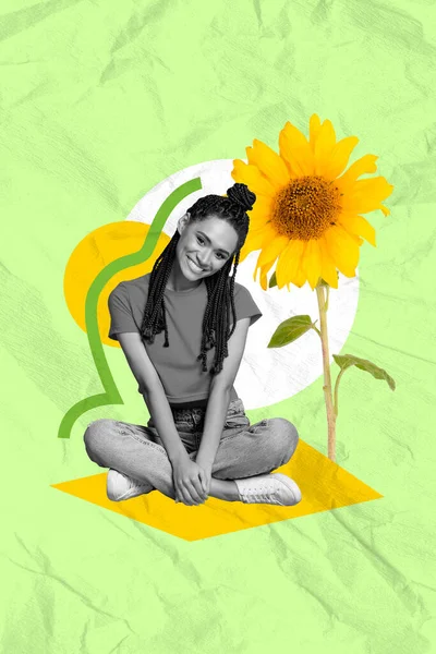Creative retro 3d magazine collage image of happy smiling lady sitting under sunflower isolated colorful background.