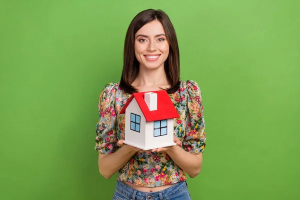 Portrait Cheerful Nice Person Arms Hold Showing Little House Toothy — Stock Photo, Image