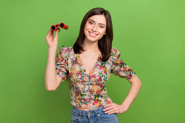 Photo Positive Stunning Girl Toothy Smile Hand Hold Binoculars Watch — Stock Photo, Image