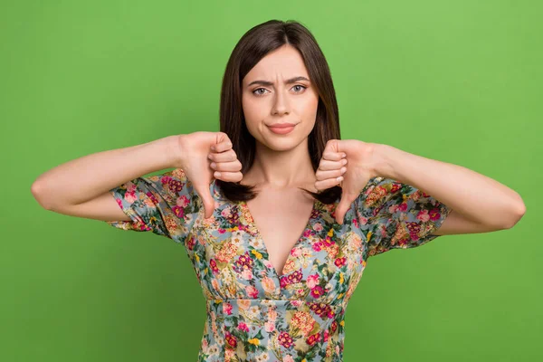 Portrait Unsatisfied Lady Two Hands Fingers Demonstrate Thumb Isolated Green — Stock Photo, Image