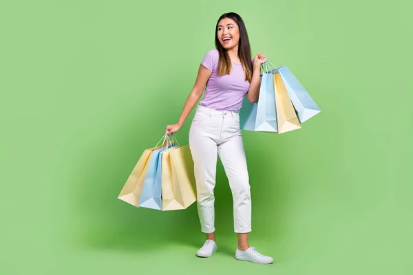 Full Length Body Cadre Funky Shopaholic Girl Hold Packages Look — Stock Photo, Image