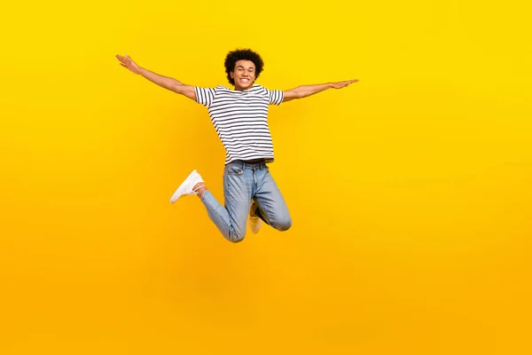 Full Body Size Photo Young Jumping Handsome Guy Arms Wings — Fotografia de Stock