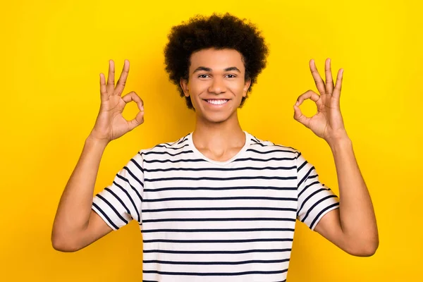 Photo Young Positive Guy Wear Stylish Striped Shirt Funny Chevelure — Zdjęcie stockowe