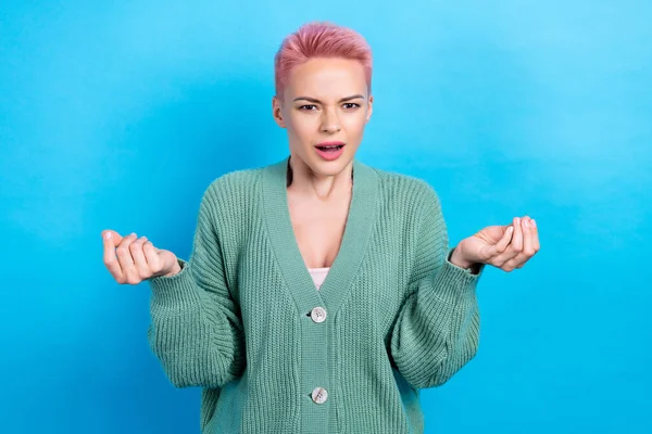 Portrait of crazy furious mad cute lady wear stylish clothes impressed small salary useless work isolated on blue color background.