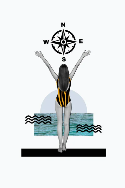 Vertikale Collage Bild Von Schwarzen Weißen Farben Mädchen Badeanzug Vorbereiten — Stockfoto