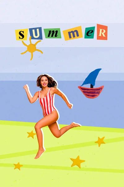 从创作背景看兴奋的女运动员跑滩塑料海星太阳船夏季水旗的垂直拼贴图 — 图库照片