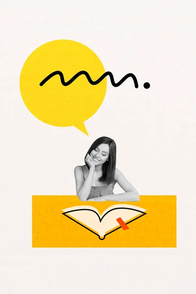Vertical collage picture of positive black white effect girl read painted book mind bubble isolated on white creative background.