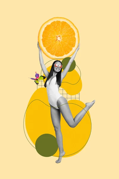 Photo Collage Beautiful Fit Girl Bikini Sunglasses Hold Huge Slice — Stock Photo, Image