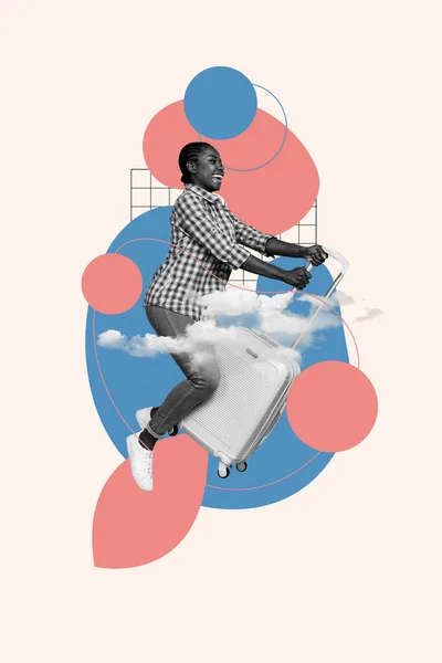 Foto Van Absurde Vliegende Collage Meisje Paardrijden Bagage Vertrek Aankomst — Stockfoto