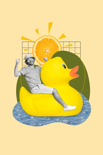 Colagem Jovem Funky Cara Natação Borracha Amarelo Pato Punhos Até — Fotografia de Stock