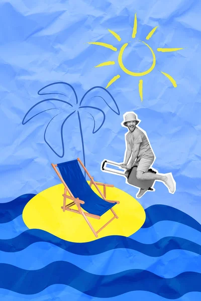 浅谈兴奋的黑白色人飞手提箱游手好闲者在蓝纸背景下画出棕榈树阳光水的垂直拼贴 — 图库照片
