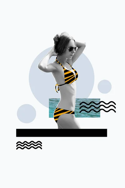 Vertical Collage Picture Black White Effect Girl Bikini Swimsuit Water — Stock Photo, Image