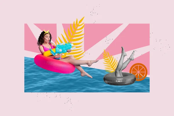 具有创意背景的时髦女子浮游充气环水枪跳水艺术拼贴图像 — 图库照片