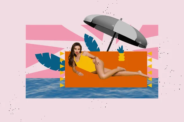 Collage Image Magnifique Fille Pose Serviette Bain Soleil Sous Parasol — Photo