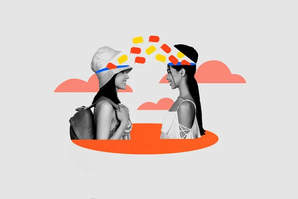 Kreative Collage Bild Von Zwei Schwarz Weißen Farben Fröhliche Mädchen — Stockfoto