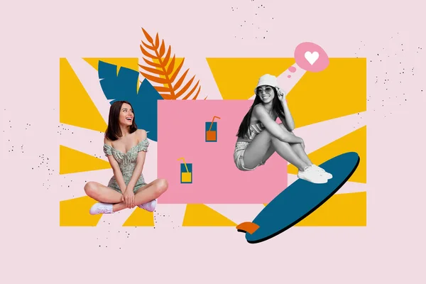 两个积极的无忧无虑的女孩享受夏天的鸡尾酒玻璃植物叶子冲浪板的创意拼贴图片 — 图库照片