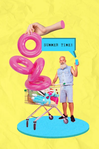 Vertical Collage Mini Grandfather Hold Smart Phone Summer Time Sale — Stock Photo, Image