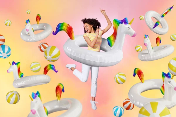 Creative pop surrealism template collage of funky funny lady in unicorn buoy dancing on summer vibe pool party.