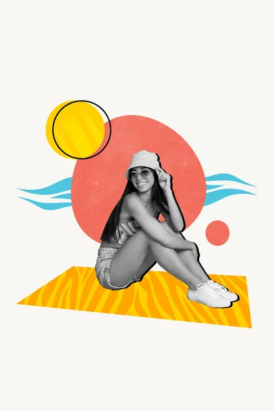 Collage Chica Encantadora Joven Sentado Desgaste Panama Con Gafas Resort —  Fotos de Stock