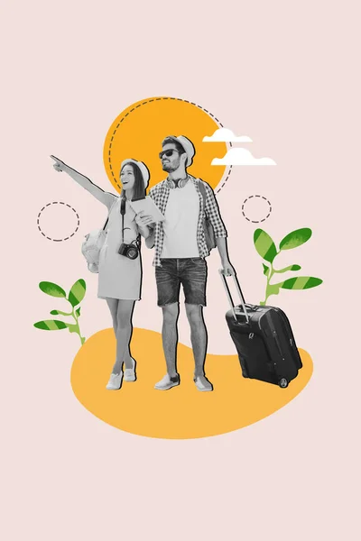 Vertical Travel Collage Image Advertisement Couple Find Booking New Apartment — Stock Photo, Image