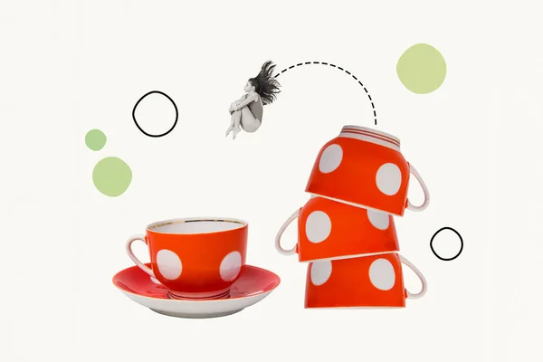 Креативный Коллаж Молодой Девушки Прыгающей Три Чашки Чая Летнем Кафе — стоковое фото