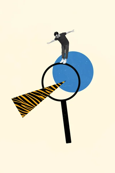 Colagem Banner Desenho Cartaz Zoólogo Cara Stand Balance Lupa Observar — Fotografia de Stock