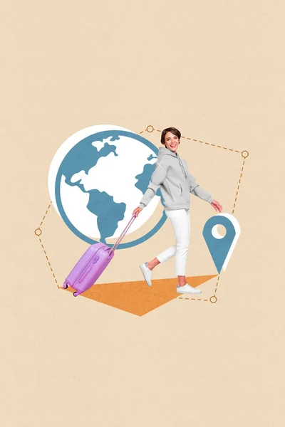 Creative poster collage 3d pinup pop image of charming smiling girl go airport carry luggage fly abroad isolated painting background.