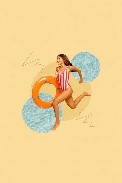 3Dレトロな創造的なアートワークテンプレートコラージュの実行中の高速セクシーな美しい女性のビーチ夏休み海のライフガードインフレータブルリング — ストック写真