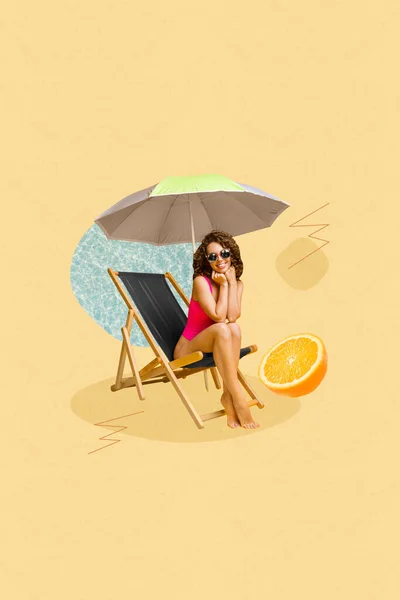科勒格3D拼凑流行复古素描美丽迷人的漂亮女性坐在海滩日光浴暑假超现实主义比喻图像 — 图库照片