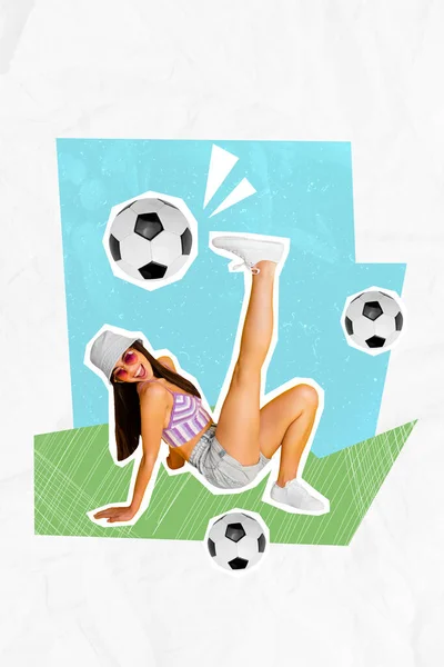 Изображение Коллажа Фанки Сумасшедшей Веселой Девушки Играющей Заднем Плане Футбольной — стоковое фото