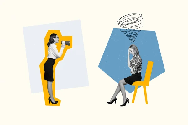 Collage Compuesto Joven Empresario Mandón Enojado Gritando Megáfono Mujer Sentado — Foto de Stock