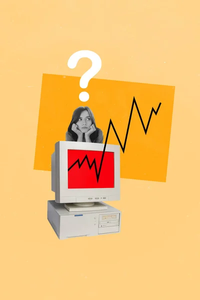 Colagem Vertical Jovens Questionado Menina Pensamentos Assistindo Mudança Gráfico Computador — Fotografia de Stock
