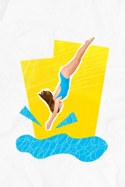 縦型ポスターバナースケッチ写真水泳プールをジャンプダウン水泳女子のコラージュ準備課題の背景を描く — ストック写真