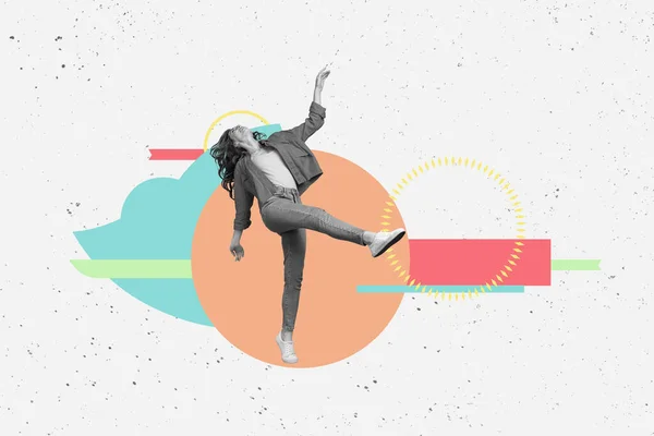 Creative Magazin Collage Bild Von Lächelnden Glücklichen Dame Fuß Tanzen — Stockfoto