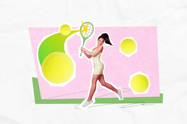 Tenis Oynayan Sevimli Sportif Kız Arkadaşın Resim Posteri Kolajı Zole — Stok fotoğraf
