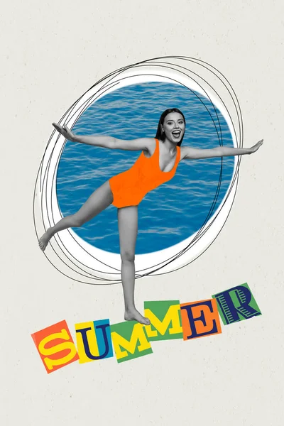 Creative Graphics Collage Painting Smiling Carefree Lady Sunbathing Swimming Beach — Stock Photo, Image