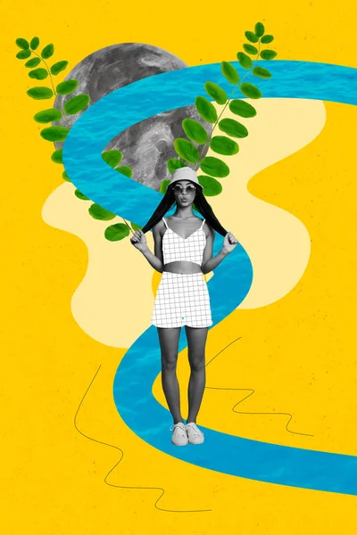 Kreative Kunstwerk Collage Malerei Beeindruckt Funky Dame Genießen Freizeit Fluss — Stockfoto