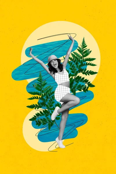 Collage Retro Skizze Bild Von Lächelnden Aufgeregten Dame Genießen Sommerreise — Stockfoto