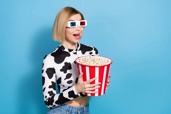 Profile Portrait Astonished Funky Girl Hold Popcorn Watch Movie Glasses — Stock Photo, Image