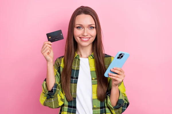 Photo Charming Cheerful Person Toothy Smile Hold Showing Plastic Debit — Stock Photo, Image