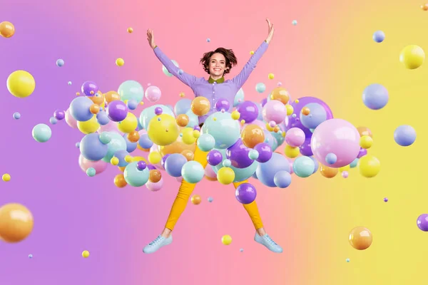 Photo Artwork Minimal Collage Picture Excited Happy Lady Jumping Pastel — Stock Photo, Image